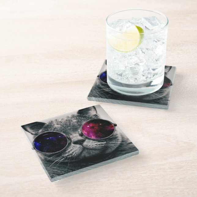 Glass Coaster - Cool Cat (Angled)