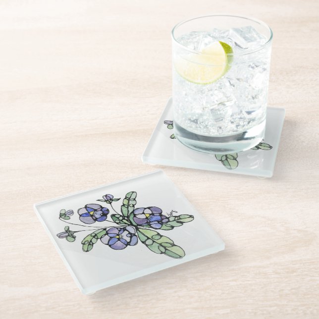 Glass Coaster - Lavender Blue Pansies (Angled)