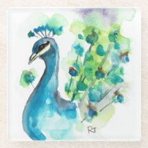 Glass Coaster- Peacock Watercolors