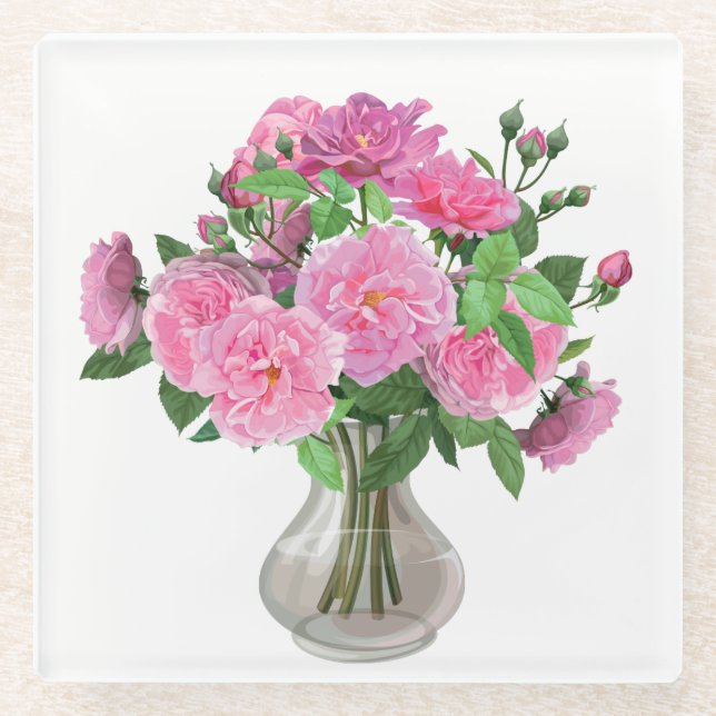 Glass Coaster-Pink Roses Glass Coaster (Front)