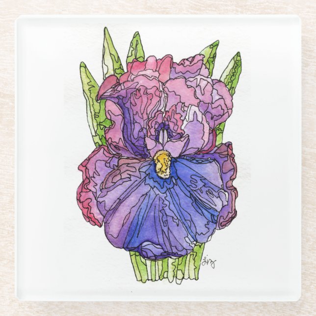 Glass Coaster - Purple Iris Watercolor (Front)