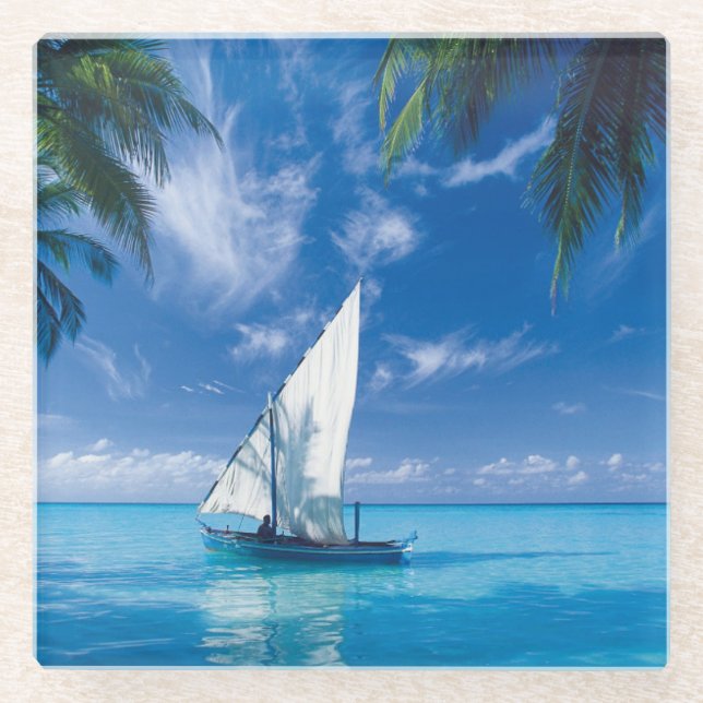 Glass Coaster-Tropical Water Scene Glass Coaster (Front)