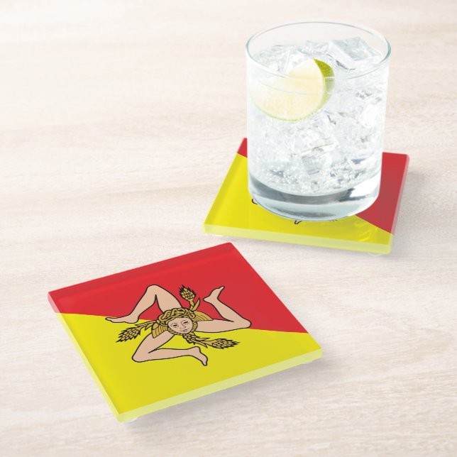 Glass coaster with flag of Sicily, Italy (Angled)