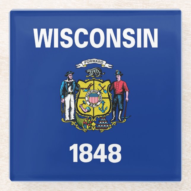 Glass coaster with flag of Wisconsin State, USA (Front)