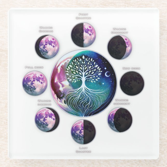 Glass Coaster with Moon Phase Chart & Tree of Life (Front)