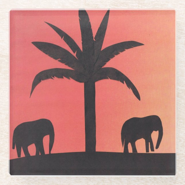 Glass Coaster with Silhouetted Elephants and Palm (Front)