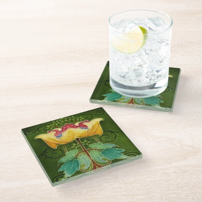 Glass Coaster - Yellow Floral Art Nouveau  (Angled)