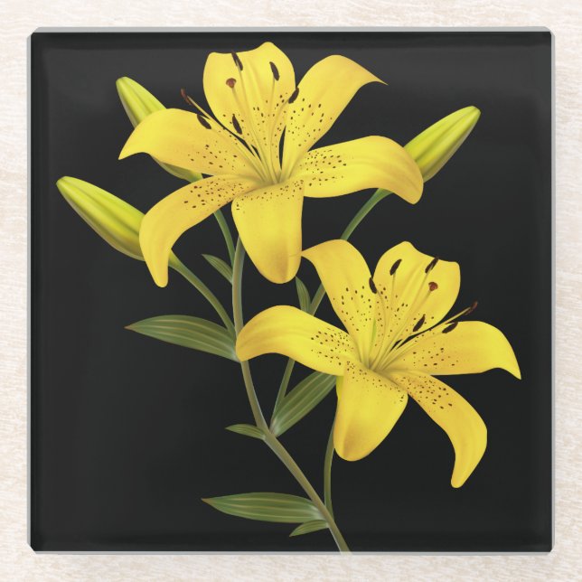 Glass Coaster-Yellow Lilies Glass Coaster (Front)