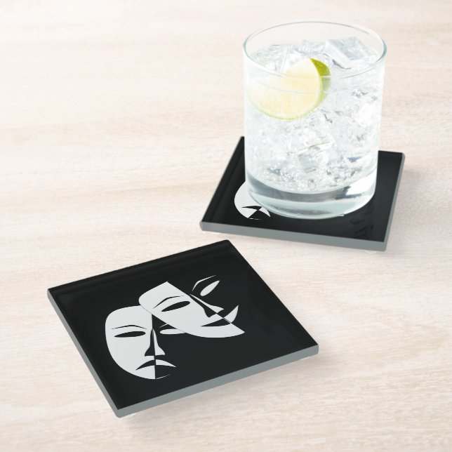 Glass Comedy/Tragedy Black and White Coaster (Angled)