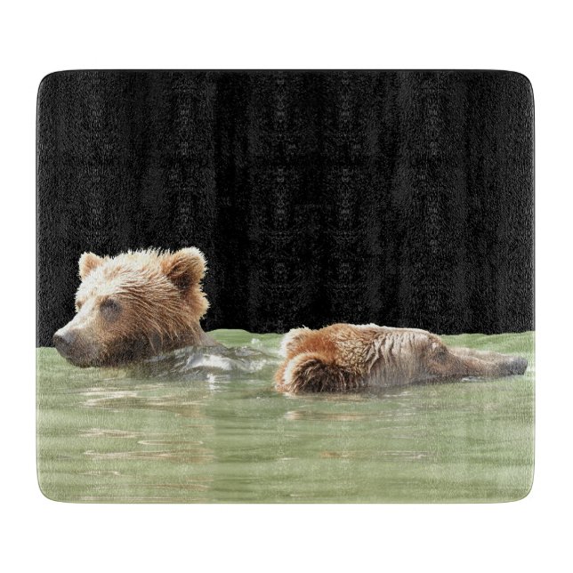 Glass Cutting Board 7.5" x 6.5" w/ grizzly bears (Front)