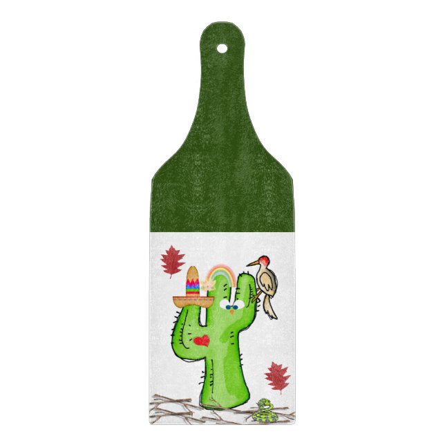 Glass Cutting Board Bird Cactus  (Front)