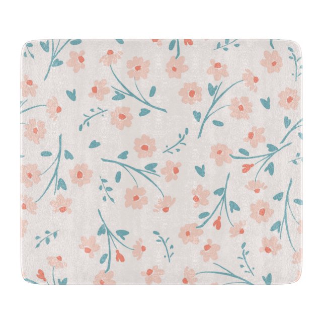 GLASS CUTTING BOARD : PALE PINK FLORAL PATTERN (Front)