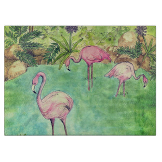 Glass Cutting Board Pink Flamingos