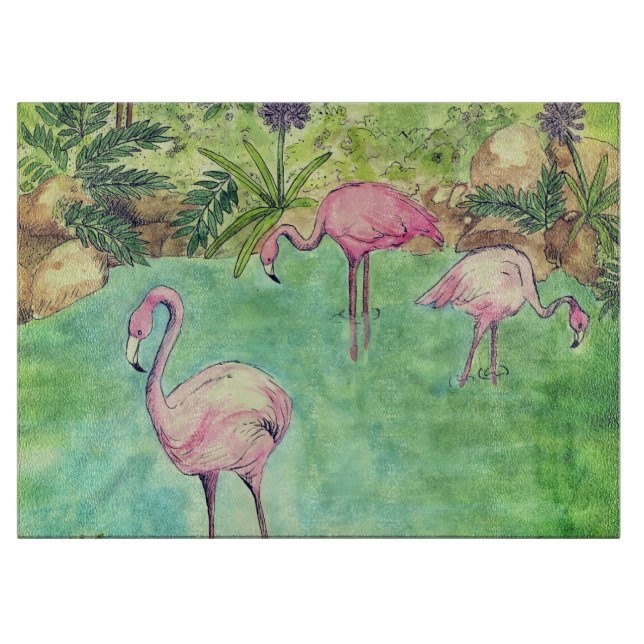 Glass Cutting Board Pink Flamingos (Front)