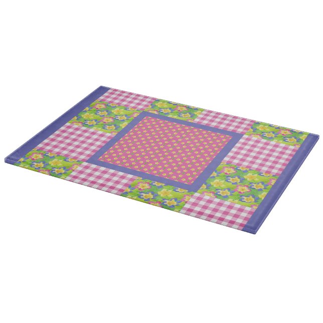 Glass Cutting Board: Pink Primroses Polkas Gingham Cutting Board (Corner)