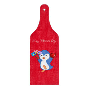 Glass Cutting Board Valentine's Day Penguin Hearts