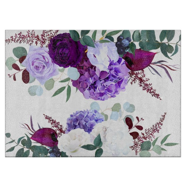 Glass Cutting Lavender Hibiscus on White Cutting Board (Front)