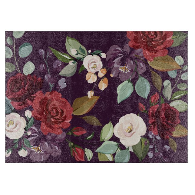 Glass Cutting Plum Purple Roses Gold Geometric Flo Cutting Board (Front)