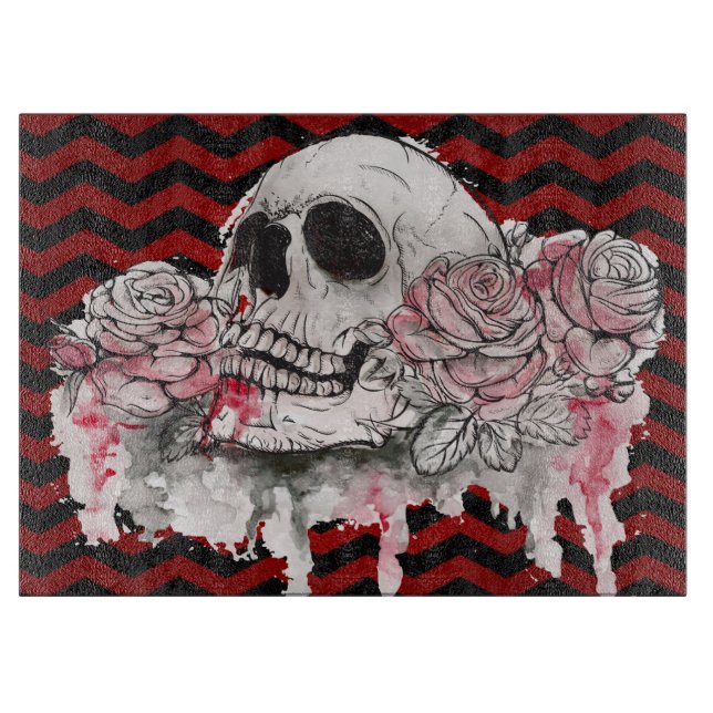 Glass Cutting skull Rose Gothic Chevron red black Cutting Board (Front)