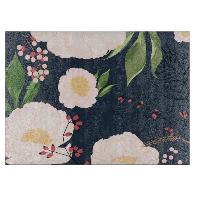Glass Cutting White Floral Flowers on Dark Blue Cutting Board (Front)