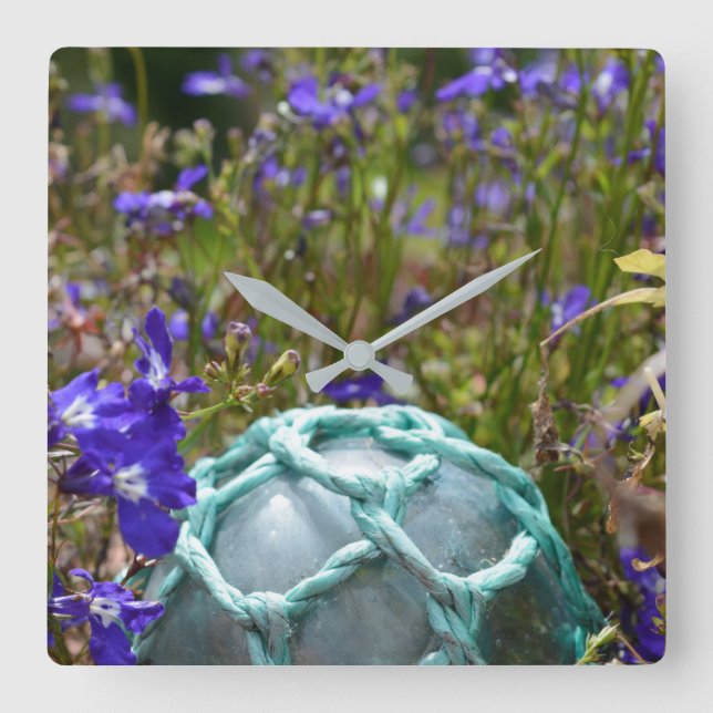 Glass Fishing Float And Flowers Square Wall Clock (Front)
