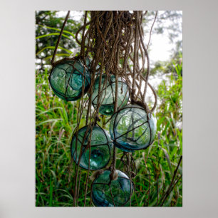 Glass Fishing Floats Hanging in Rope Netting Poster
