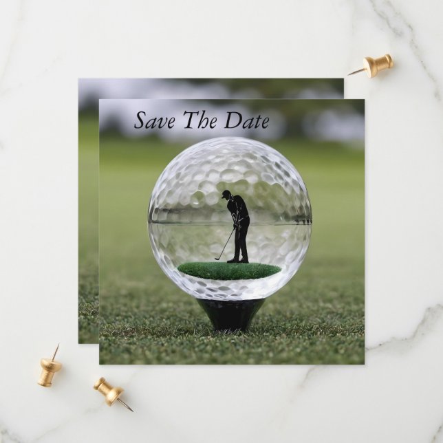 Glass Golf Ball With Golf Player Inside, Save The Date (Front/Back In Situ)