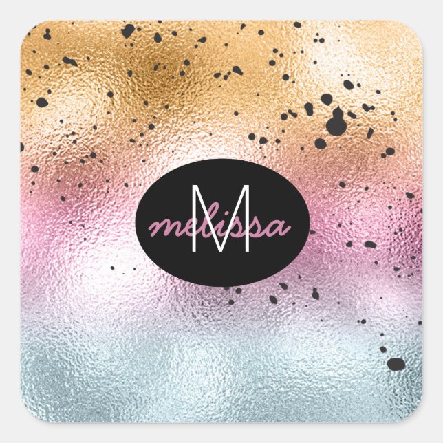 Glass Gradient and Splatter Monogram Pink ID444 Square Sticker (Front)
