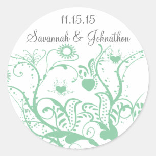 Glass Green Love Bird Swirls  Wedding Stickers