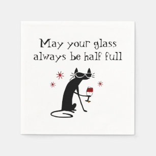Glass Half Full Funny Wine Toast with Cat Napkin