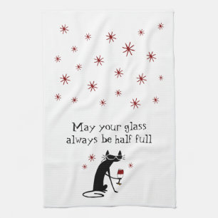 Glass Half Full Funny Wine Toast with Cat Tea Towel