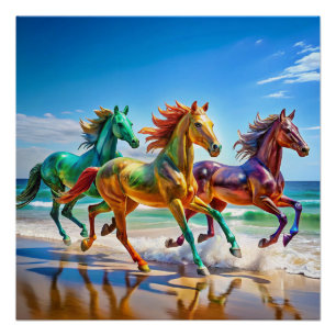 Glass Horses Galloping on a Beach Poster   Vibrant