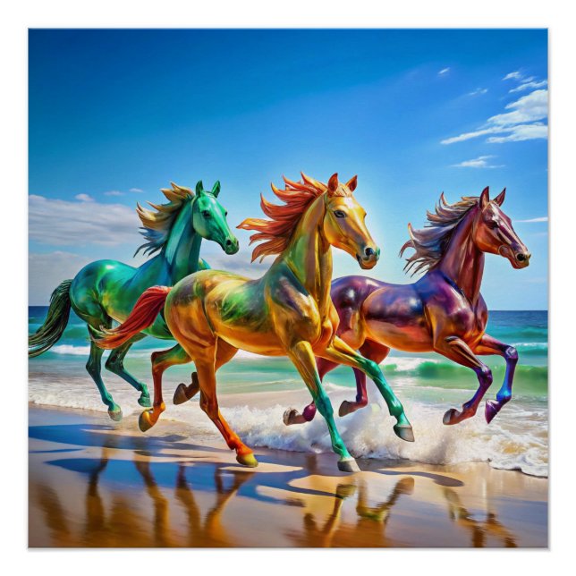 Glass Horses Galloping on a Beach Poster | Vibrant (Front)