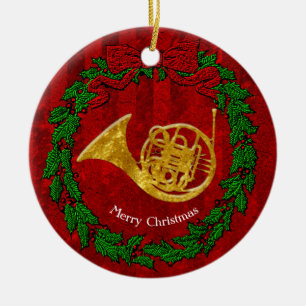 Glass Look Gold French Horn Personalise Ceramic Tree Decoration