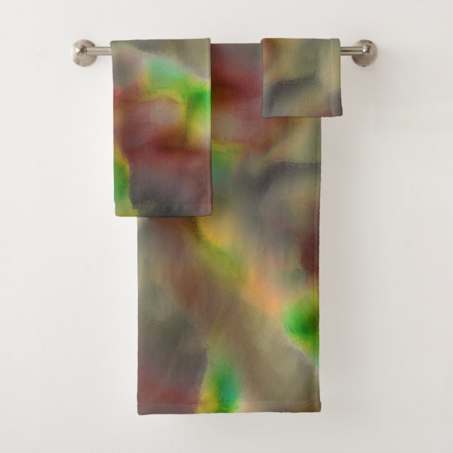 Glass look in red and lime green on shades of gray bath towel set (Insitu)