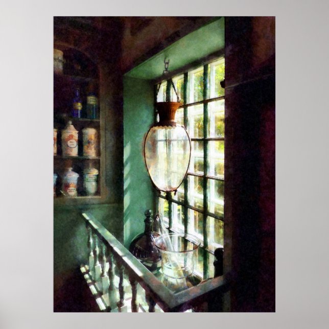 Glass Mortar and Pestle on Windowsill Poster (Front)