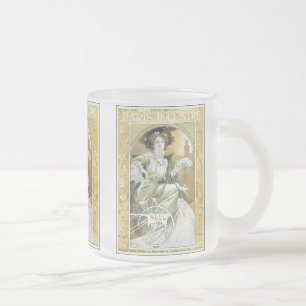 Glass Mug: Alphonse Mucha - Art Nouveau Frosted Glass Coffee Mug