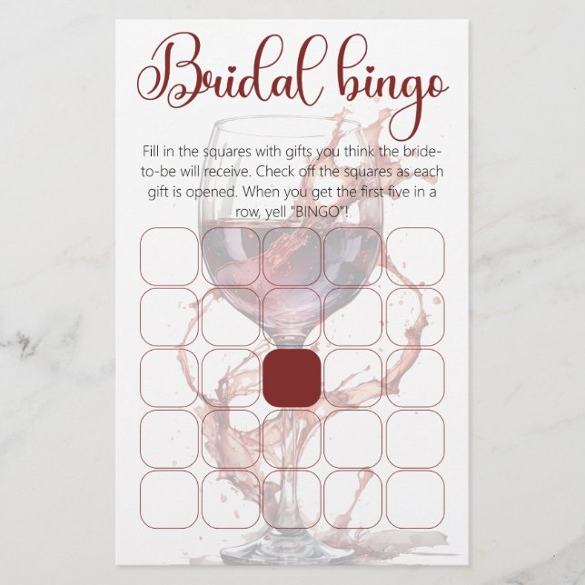 Glass of red wine Bridal Shower bingo game (Front)