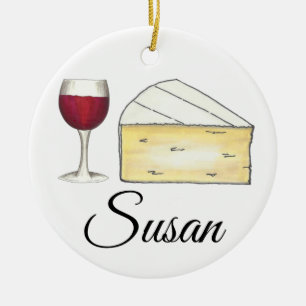Glass of Red Wine Brie Cheese Tasting Wine Lover Ceramic Tree Decoration