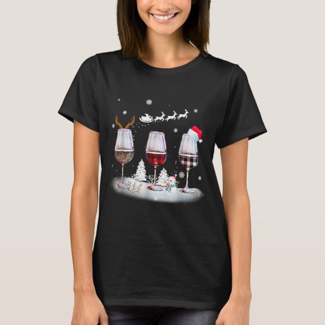 Glass of Red Wine Christmas Leopard Glass Red  T-Shirt (Front)