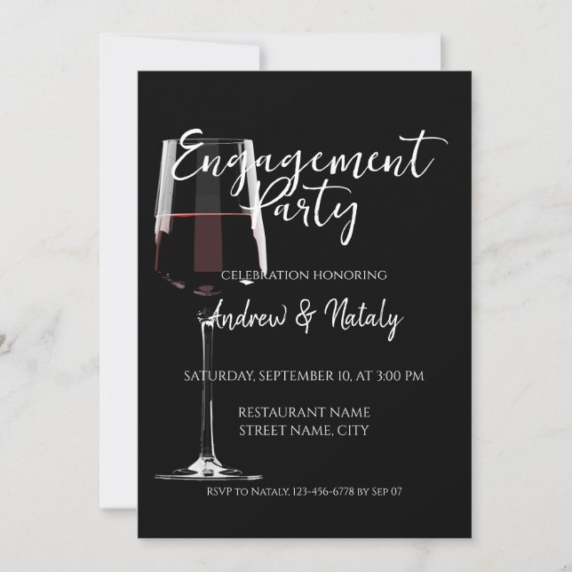 Glass of red wine on black wine tasting party invitation (Front)