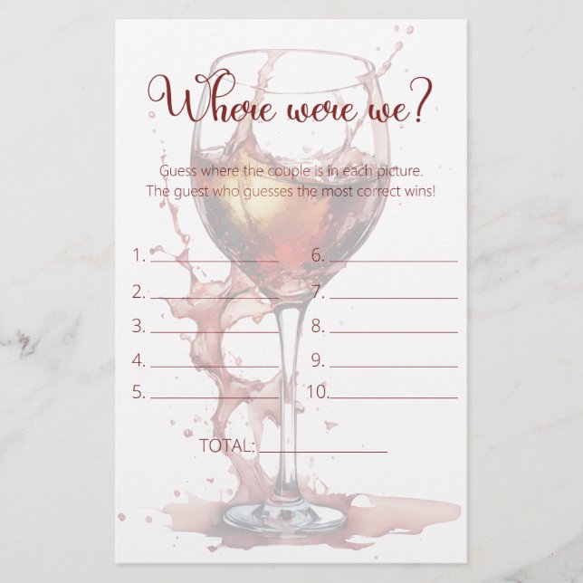 Glass of red wine Where were we bridal shower game (Front)