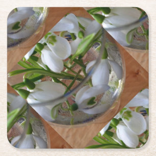glass of snowdrops square paper coaster