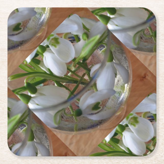 glass of snowdrops square paper coaster (Front)