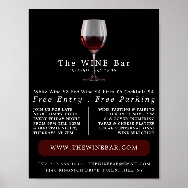 Glass of Wine, Wine Bar/Winery Advertising Poster (Front)