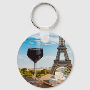 Glass of wine with brie cheese on Eiffel tower Key Ring
