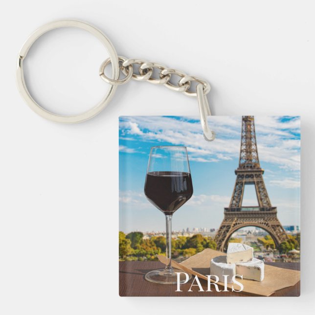 Glass of wine with brie cheese on Eiffel tower Key Ring (Front)