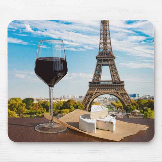 Glass of wine with brie cheese on Eiffel tower Mouse Mat (Front)