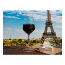 Glass of wine with brie cheese on Eiffel tower