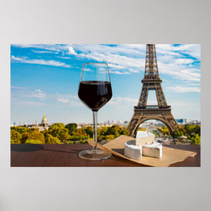 Glass of wine with brie cheese on Eiffel tower Poster